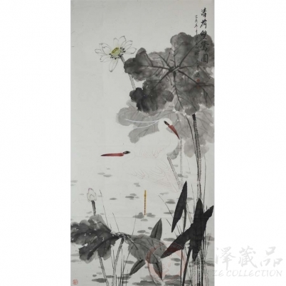 周文举《清荷双鹭图》136×68cm