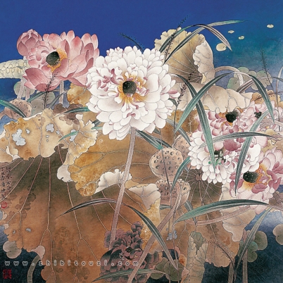 贾广健《碧水金荷》斗方