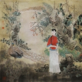 李也青《孔雀》斗方