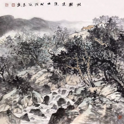 张延东《村树连溪口》四尺斗方