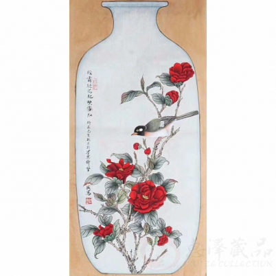 画家张坚盛花鸟《经霜绿花肥映雪红》