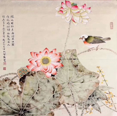 画家张坚盛花鸟《緑水曲》