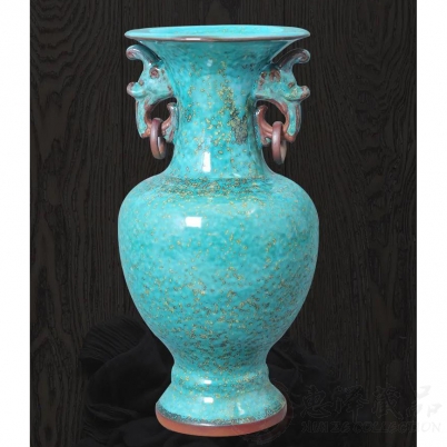 钧瓷翡翠金斑釉双龙活环瓶