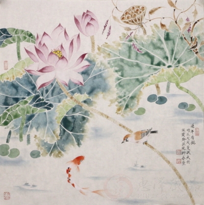 刘换天没骨花鸟-连年有余 68*68cm