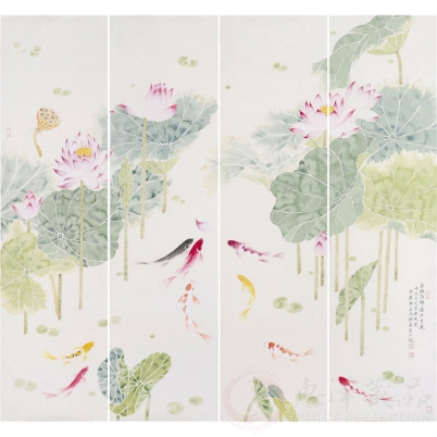 刘换天没骨画鸟-金玉满堂连年有余四条屏